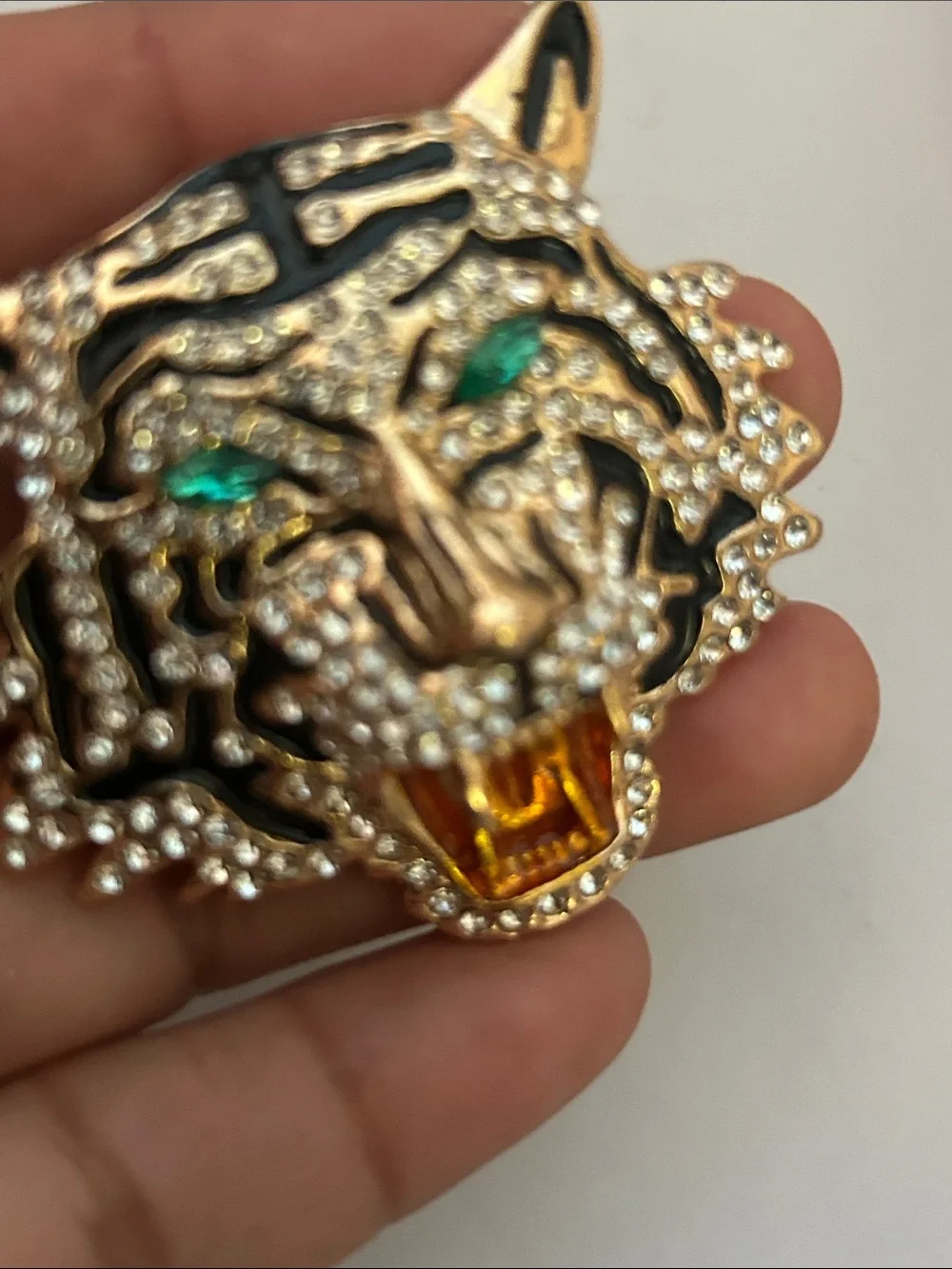Crystal Tiger Brooch with Emerald Eyes and Amber Tongue